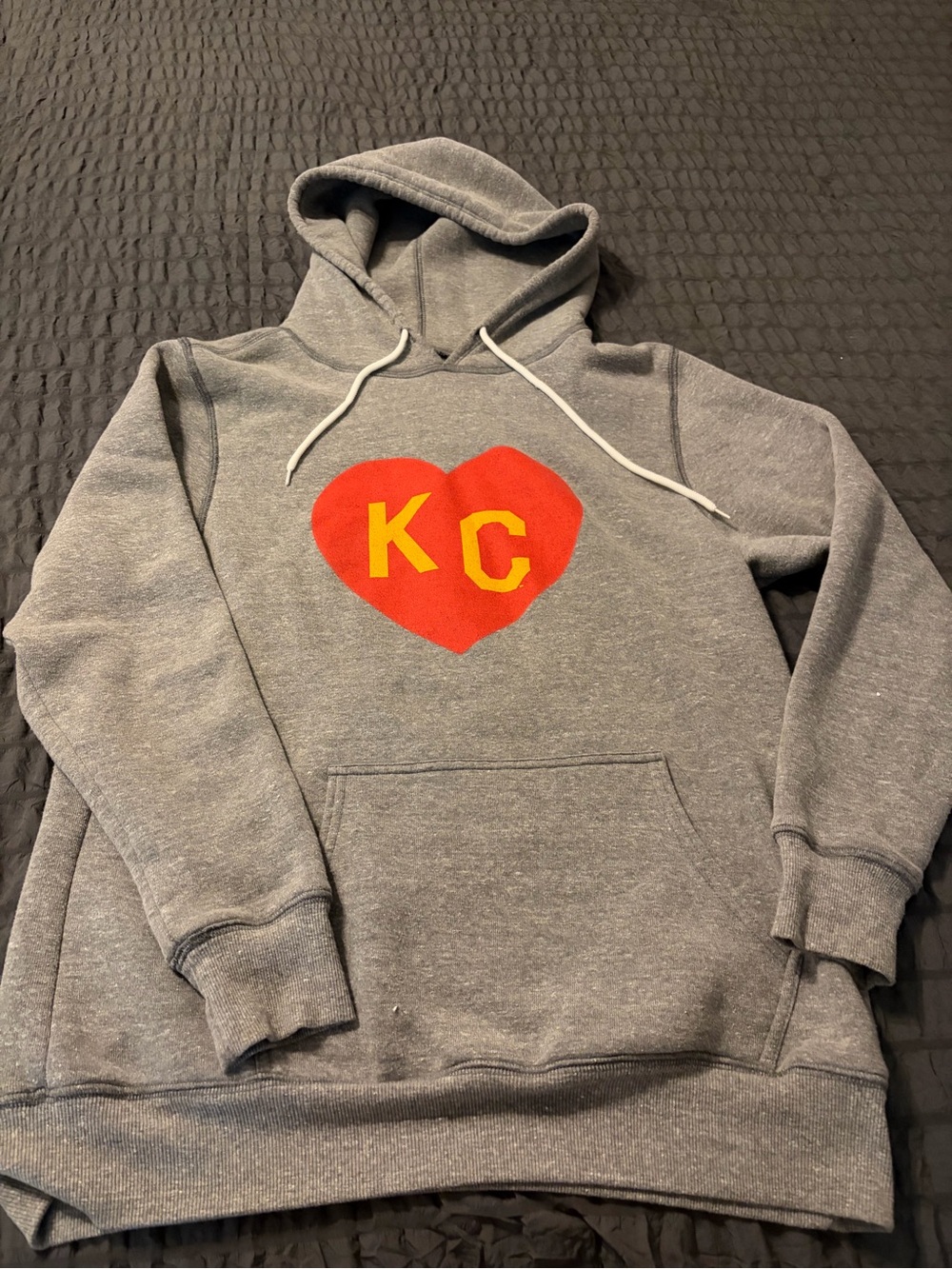 Gray Crewneck Hoodie with Red Heart and Yellow KC Graphic